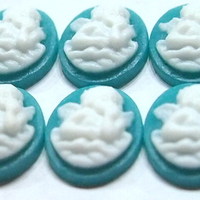 6 of 14x10 mm Small Thinking Cherub or Angel in Clouds Cameos White over Aqua Blue - Thumbnail 2