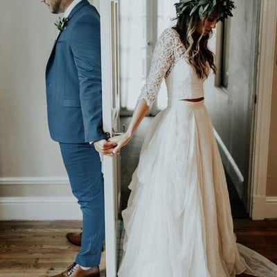 Two piece wedding dress with sleeves,long outdoor wedding dress,16 - Thumbnail 5