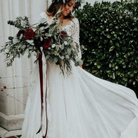 Two Piece Wedding Dress with Sleeves,Long OutDoor Wedding Dress,16 - Thumbnail 1