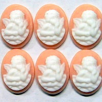 6 of 14x10 mm Small Thinking Cherub or Angel in Clouds Cameos White over Tan Too Cute - Thumbnail 1