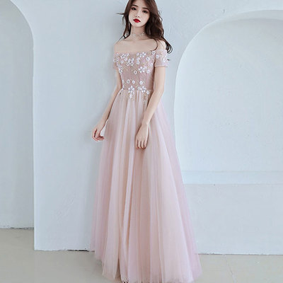 Cute pink tulle long prom dress, off shoulder evening dress - Thumbnail 5