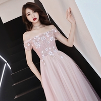 Cute pink tulle long prom dress, off shoulder evening dress - Thumbnail 1