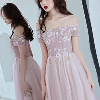 Cute pink tulle long prom dress, off shoulder evening dress - Thumbnail 2