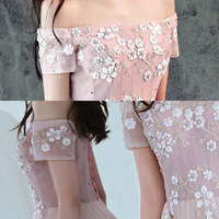 Cute pink tulle long prom dress, off shoulder evening dress - Thumbnail 4