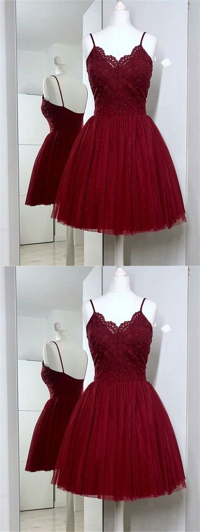 Burgundy Short Homecoming Dresses,Straps Lace Short Prom Dresses,A-Line Cocktail Party DResses