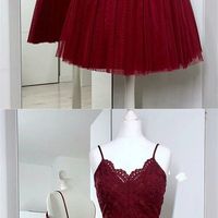 Burgundy Short Homecoming Dresses,Straps Lace Short Prom Dresses,A-Line Cocktail Party DResses - Thumbnail 1