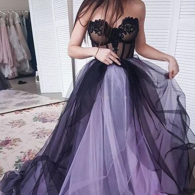 Sweetheart black and lavender tulle long prom dresses,2020 a-line evening party dresses - Thumbnail 5
