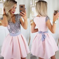 Pink Satin Short Homecoming Dresses,Grey Lace Short Prom Dress,Back to School Dress with Cap Sleeved - Thumbnail 1