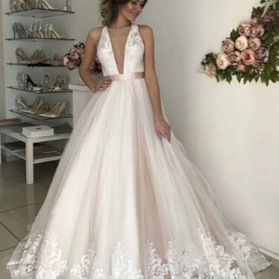 Deep v neck sleeveless backless wedding dresses lace appliques bridal gown,17 - Thumbnail 5