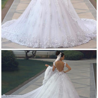 Vestidos de Novia Sexy See Through Bodice Wedding Dress Royal Tail Flowers Luxury Wedding Gowns Bride Dresses,19 - Thumbnail 1