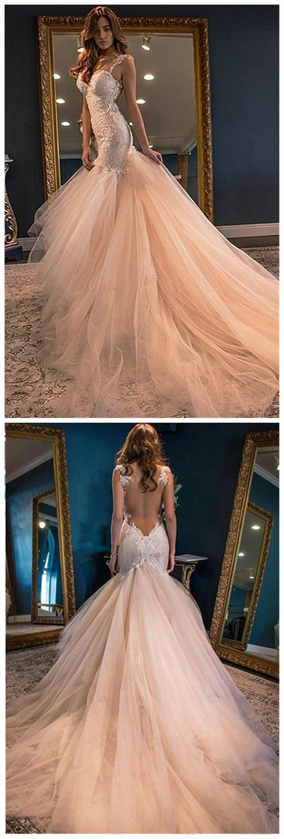 Glamorous Sleeveless Lace Appliques Wedding Dress Mermaid Tulle bridal dresses wedding gowns,22
