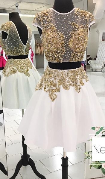 White Homecoming Dress,2 Piece Homecoming Dresses,Beading Homecoming Gowns,Short Prom Gown,Sweet 16 Dress,Homecoming Dress,2 pieces Cocktail Dress,24