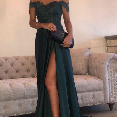 Dark green sexy prom dresses a line chiffon off-the-shoulder floor-length high side split lace elegant long evening dress formal dress,27
