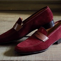 Handmade Maroon Color Suede Penny Loafer Slipper Dress Men's Fashion Moccasin Shoes - Thumbnail 1
