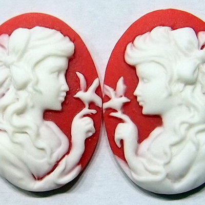 6 of 25x18 mm young girl cameos bow & bird, left and right facing white over red, paired settings