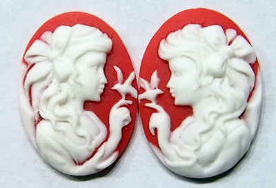 6 of 25X18 mm Young Girl Cameos Bow & Bird, Left and Right Facing White over Red, Paired Settings