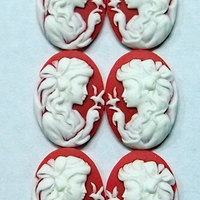 6 of 25X18 mm Young Girl Cameos Bow & Bird, Left and Right Facing White over Red, Paired Settings - Thumbnail 2
