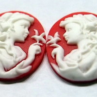 6 of 25X18 mm Young Girl Cameos Bow & Bird, Left and Right Facing White over Red, Paired Settings - Thumbnail 3
