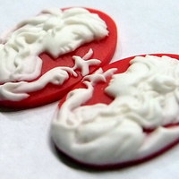 6 of 25X18 mm Young Girl Cameos Bow & Bird, Left and Right Facing White over Red, Paired Settings - Thumbnail 4