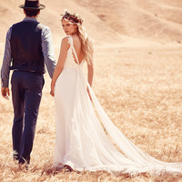 Spaghetti Straps Lace and Chiffon Summer Beach Wedding Dress Boho Bridal Gown,29 - Thumbnail 1