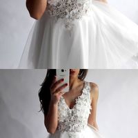 V Neck White Short Homecoming Dresses,White Back to School Dress,Beaded Appliques Cocktail Party Dress  - Thumbnail 1