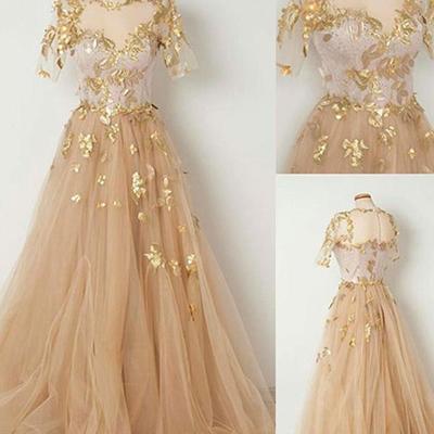 A-line gold prom dress tulle cheap long prom dress,half sleeves prom dresses,35