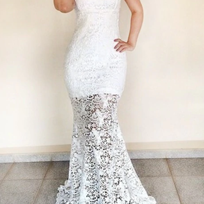 Mermaid square sleeveless long white lace prom dress,37