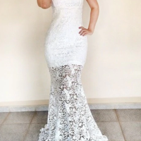 Mermaid Square Sleeveless Long White Lace Prom Dress,37 - Thumbnail 1