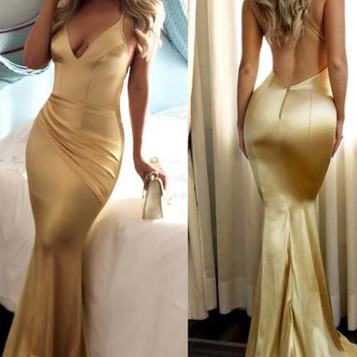 Fabulous gold mermaid spaghetti straps long prom dresses with short train,39