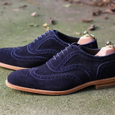 Handmade men's navy blue suede shoes, lace up stylish wing tip brogue dress formal shoes - Thumbnail 2