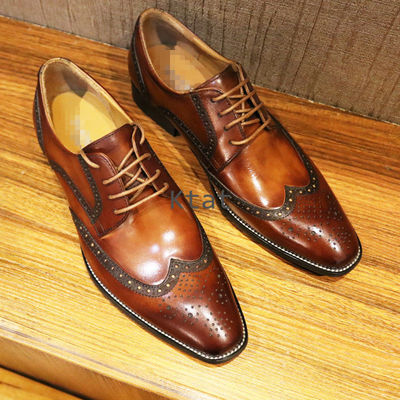 Handmade men's tan brown designing leather shoes, lace up stylish wing tip brogue dress formal shoes - Thumbnail 4