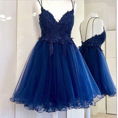 Double straps short royal blue homecoming dresses with appliques - Thumbnail 3