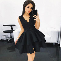Black v neck lace short prom dress, homecoming dress - Thumbnail 1