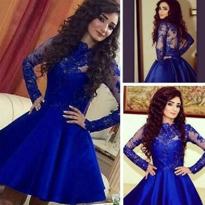 Long sleeves short royal blue homecoming dresses with appliques - Thumbnail 3