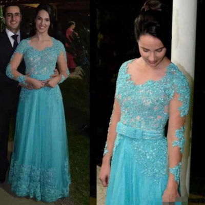 Long sleeves a line long mother of the bride dresses with appliques - Thumbnail 5