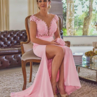 Mermaid Pink Split Side Mother of the Bride Dresses with Appliques - Thumbnail 1