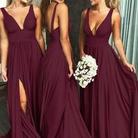 Deep V-neck Long Backless Maroon Bridesmaid Dresses with Split,43 - Thumbnail 1
