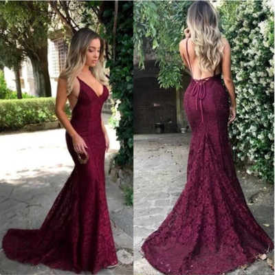 2019 charming red lace prom dress, spaghetti straps sexy mermaid prom dresses, evening dress, 46