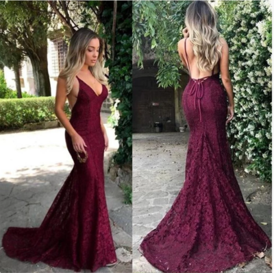 2019 Charming Red Lace Prom Dress, Spaghetti Straps Sexy Mermaid Prom Dresses, Evening Dress, 46