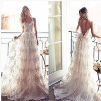 2020 A-line Long Spaghetti V-back Sexy Lace Bridal Gown, Wedding Party Dress,52 - Thumbnail 1