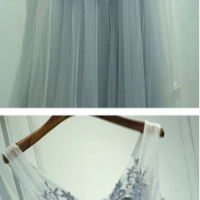 2019 Custom Cheap V Neckline Grey Lace Evening Tulle Long Party online Prom Dress,54 - Thumbnail 1