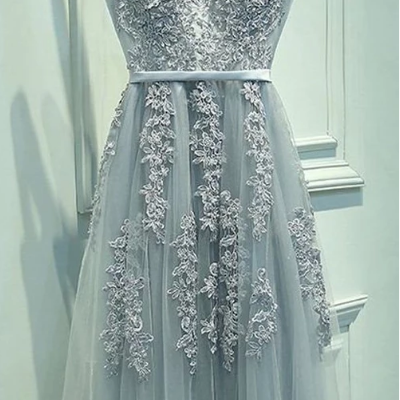 2019 custom cheap v neckline grey lace evening tulle long party online prom dress,54