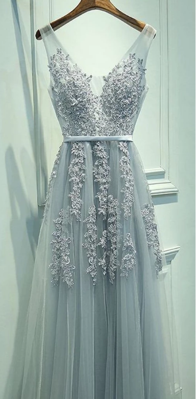 2019 Custom Cheap V Neckline Grey Lace Evening Tulle Long Party online Prom Dress,54
