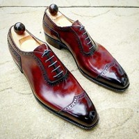 Handmade Burgundy Wing Tip Lace Up Shoes Designing Leather Shoes, Lace Up Stylish Brogue Dress Formal Shoes - Thumbnail 1