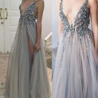 2019 Charming Deep V-Neck Tulle New Arrival Party Cocktail Evening Long Prom Dresses Online,62 - Thumbnail 1