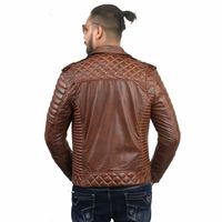 Mens Biker Vintage Motorcycle Quilted Distressed Brown Cafe Racer Leather Jackets - Thumbnail 2