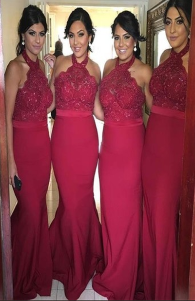 Burgundy Lace Bridesmaid Dresses,Halter Mermaid Bridesmaid Dresses,Backless Wine Red Bridesmaid Gowns Prom Dress,Long Evening Dress,67