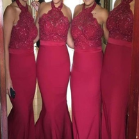 Burgundy Lace Bridesmaid Dresses,Halter Mermaid Bridesmaid Dresses,Backless Wine Red Bridesmaid Gowns Prom Dress,Long Evening Dress,67 - Thumbnail 1