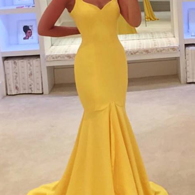 Yellow simple spaghetti-straps mermaid prom dress evening dress,68