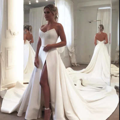 New arrival white wedding dress,back open v neck court train long wedding dresses,soft satin bridal gown 2019,70 - Thumbnail 5